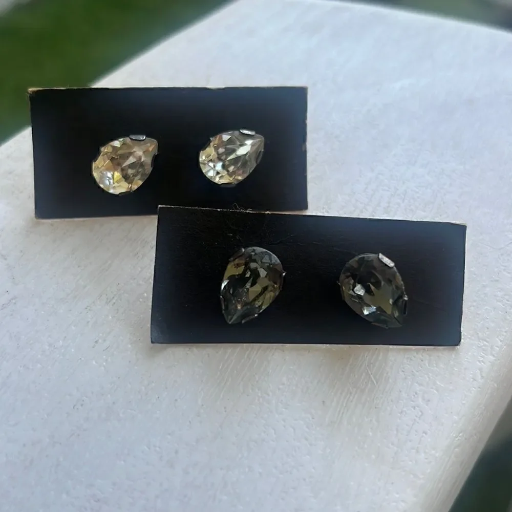 2 Pair of Studs - Clear & Green - Silver Backings  - Pear Shaped Earrings